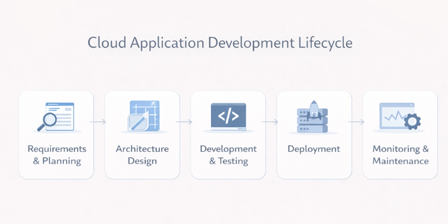 An image that represent Cloud application development lifecycle stages diagram